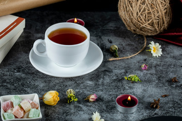 A cup of tea with turkish sweet lokum