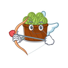 Romantic picture of watermelon fruit basket Cupid cartoon character with arrow and wings