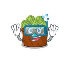 A cartoon picture featuring watermelon fruit basket wearing Diving glasses