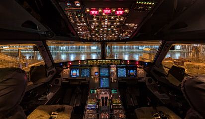 Airbus A320 flight deck warning light test. - obrazy, fototapety, plakaty