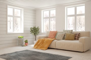 White living room with sofa and winter landscape in window. Scandinavian interior design. 3D illustration