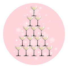 Wedding pyramid of glasses. Tower of champagne with sparkling wine for a wedding party or any celebration. Vector illustration in flat style .