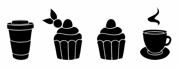 Simple bakery shop logo with sweet cupcake, muffin, coffee, and tea. Vector cupcake icon, logotype for bakery, donut or pastry shop, confectionery, bakery house, cakes house, bakeshop. Flat design