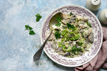 Chiken stewed with leek and mushrooms in a cream sauce. Top view with copy space.