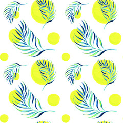 A tropical seamless pattern of palm branches and bright spots on a white background, creates a summer mood. For printing on fabric, printed products.