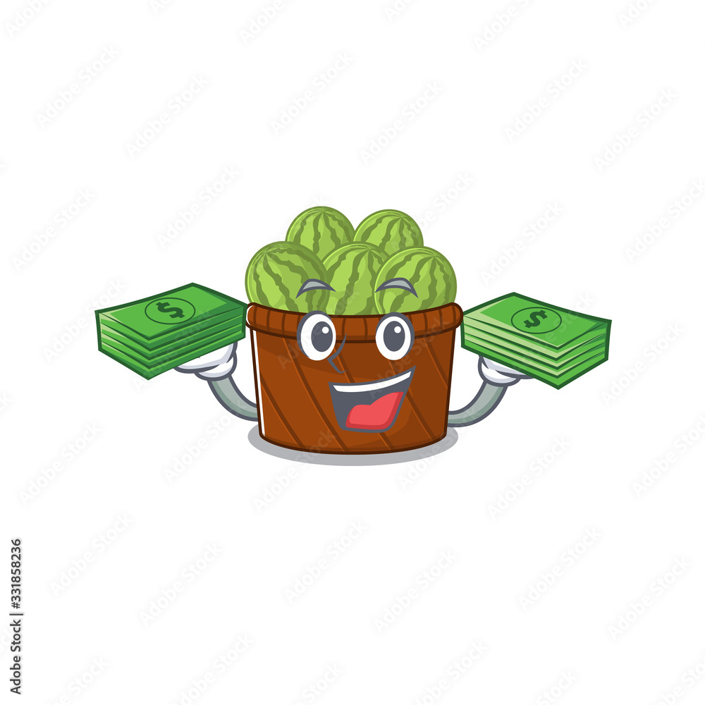 Wall mural happy face watermelon fruit basket character having money on hands