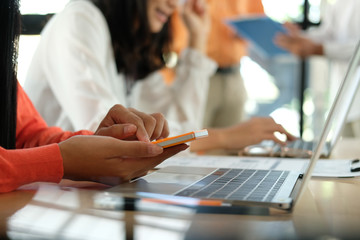 business people discussing on performance revenue in meeting. businessman working with businesswoman.