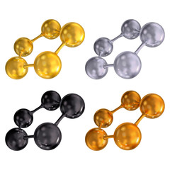 Set of molecules (gold, silver, copper, black colors). Pentagonal molecular lattice. Vector 3d illustration isolated on white background.