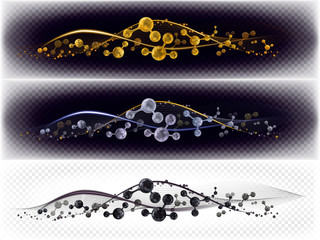 Set of horizontal composition of dynamic molecules and neon elements. Gold, silver and black colors. Abstract background. Vector illustration isolated on dark background.