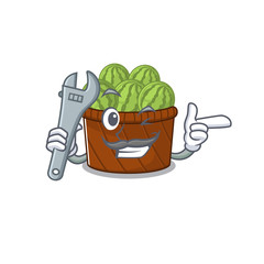 A picture of cool mechanic watermelon fruit basket cartoon character design