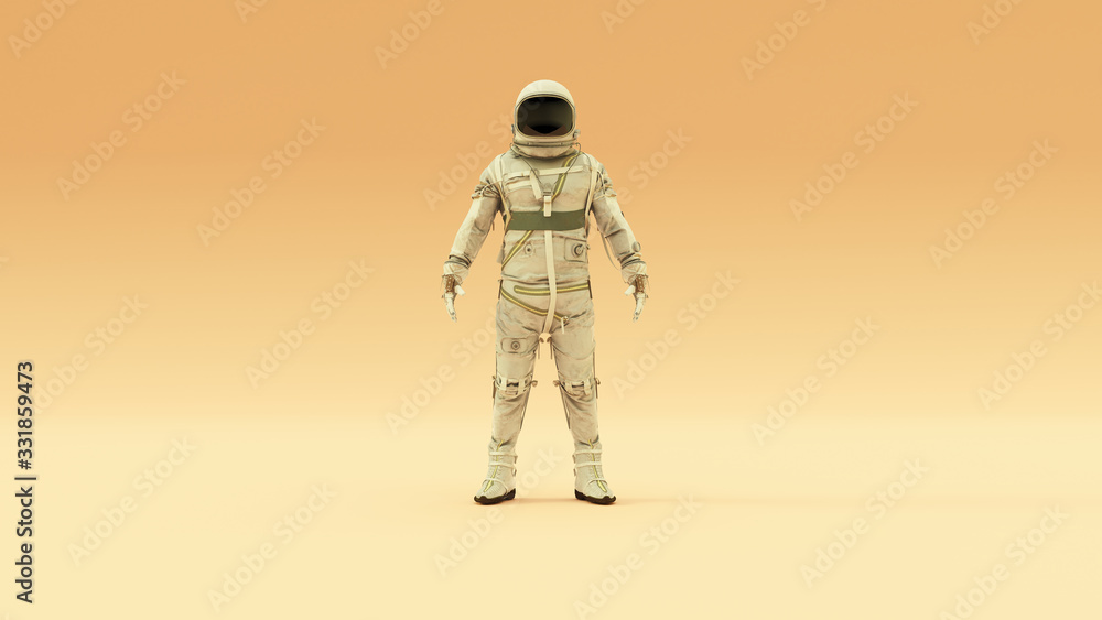 Wall mural retro astronaut with black visor and silver white spacesuit with light grey background with warm cre