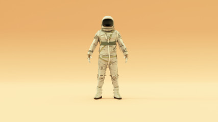 Retro Astronaut with Black Visor and Silver White Spacesuit With Light Grey Background With Warm Cream Background with Warm Diffused Lighting Front View 3d illustration 3d render
