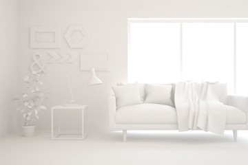 White minimalist living room with sofa. Scandinavian interior design. 3D illustration