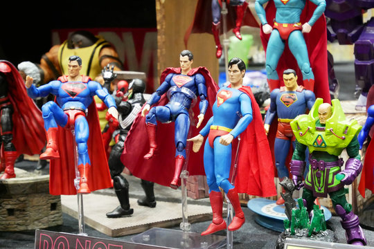 KUALA LUMPUR, MALAYSIA -MARCH 15, 2020: Selected focused fictional character of Superman action figures from DC movies and comic. The action figure toys in various costumes display for the public.