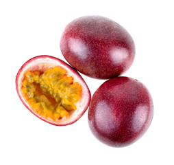 Top View Purple passion fruit with cut in half isolated on white background.