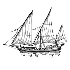 Old caravel, vintage sailboat. Hand drawn vector sketch.