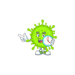 cartoon character style of cheerful orthocoronavirinae with clock