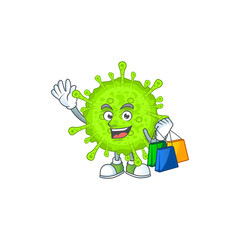 Smiley rich orthocoronavirinae mascot design with Shopping bag