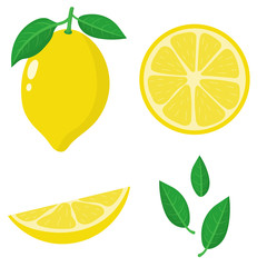 Set of fresh whole, half, cut slice and leaves lemon fruit isolated on white background. Summer fruits for healthy lifestyle. Organic fruit. Cartoon style. Vector illustration for any design.
