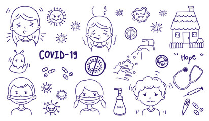 Coronavirus hand drawn icons, Cute health care doodle collection. Health Care icon set, Corona Virus Disease (COVID-19) infographic design element vector illustration.