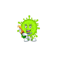 mascot cartoon design of orthocoronavirinae with bottle of beer