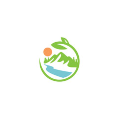 Creative circle sun mountain valley and river logo design inspiration