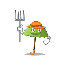 Green umbrella in Farmer cartoon character with hat and pitchfork