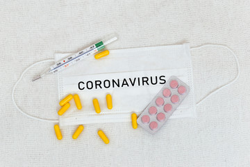 Abstract virus strain model of MERS-Cov or middle East respiratory syndrome coronavirus and Novel coronavirus 2019-nCoV with text on white (medical gauze) background.