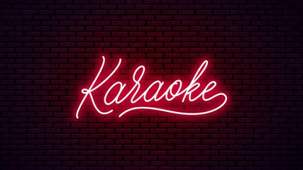 Karaoke neon hand drawn lettering. Ready glowing signboard design. Vector neon text isolated on brick wall background.