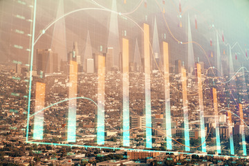 Forex chart on cityscape with skyscrapers wallpaper double exposure. Financial research concept.