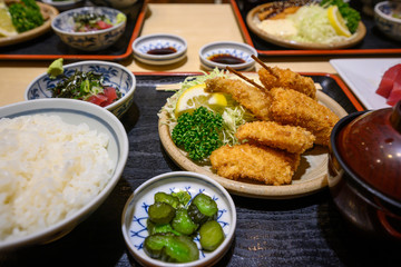 Mixed fried food is a Japanese food set. There are rice, pickles and soup put together on a tray.
