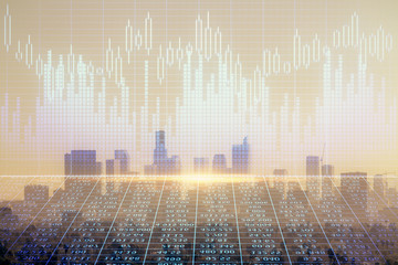 Forex chart on cityscape with skyscrapers wallpaper double exposure. Financial research concept.