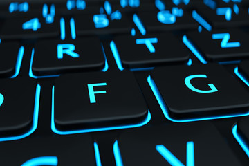 The F keypad laptop button and the symbol glow in the dark. Modern keyboard button closeup in blur background, 3d illustration