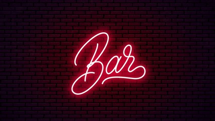 Bar neon hand drawn lettering. Ready glowing signboard design. Vector neon text isolated on brick wall background. - obrazy, fototapety, plakaty