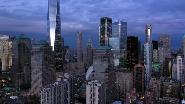 4K Aerial Footage, New York City skyline with urban skyscrapers at sunset.