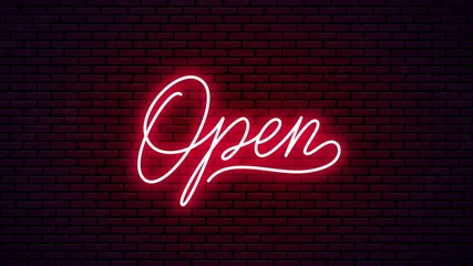 Open neon hand drawn lettering. Ready glowing signboard design. Vector neon text isolated on brick wall background. © Onabi