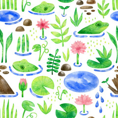 Watercolor seamless pattern with green frogs and water plants. Cute background with toad, lake, water lily, flowers, leaves, trees for children textile, wallpaper, wrapping, covers
