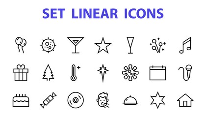  Simple set of celebration icons related to vector line. Contains icons such as music, new year, stars, balls, cake, karaoke, dj and much more. Editable stroke. 480x480