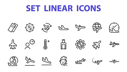  A simple set of airport related vector line icons. Contains badges such as departure, boarding, waiting time, boarding, find a place to travel tickets, and much more. Editable stroke. 48x48 pixels