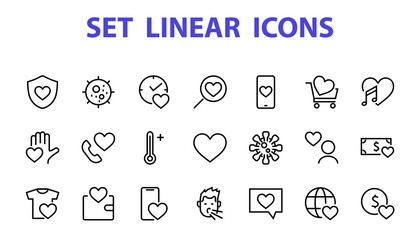  The set of icons about love contains such icons as love of music, declaration of love, heart, favorite home, Linear set. Vector on a white background. Editable stroke. 480x480