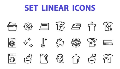  Simple set of washing related vector line Icons. Contains icons such as washing machine, powder, laundry, dirty t-shirt and much more. On a white background, editable stroke. 48x48 pixels perfect