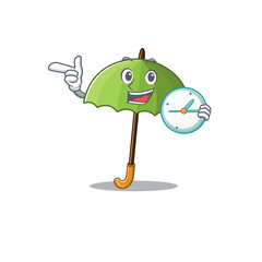 Cheerful green umbrella cartoon character style with clock