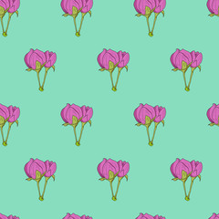 Floral pattern on a mint green background. Symmetrical pink buds of flowers. Seamless vector illustration. Fabric swatch with spring motif. 