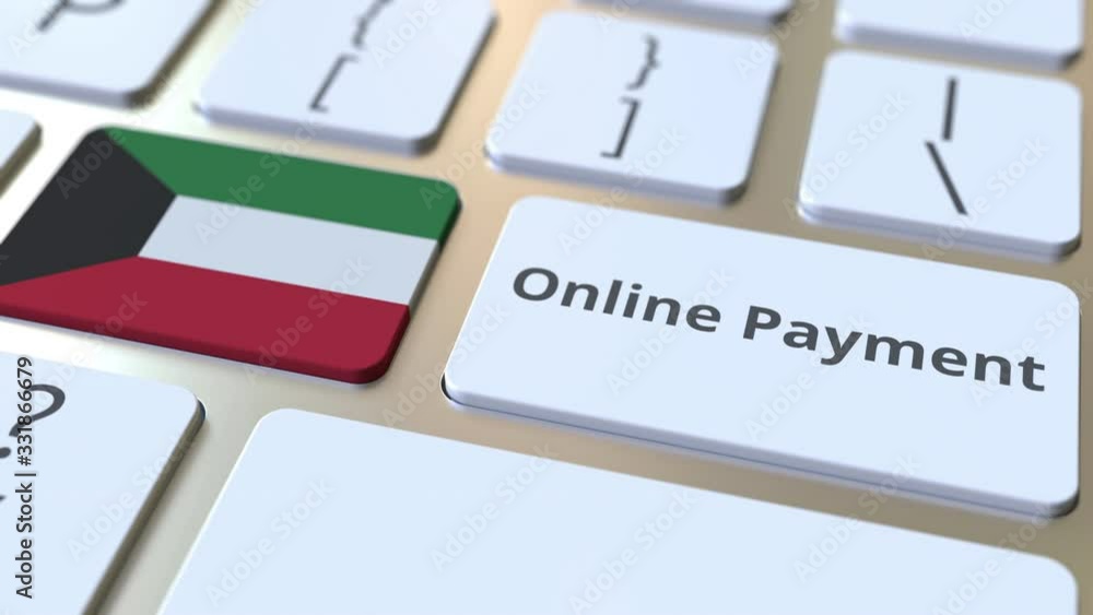 Aufkleber online payment text and flag of kuwait on the keyboard. modern finance related conceptual 3d animati