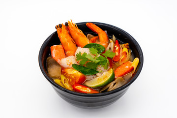 Prawn Tom Yum, Thai hot spicy soup on white background