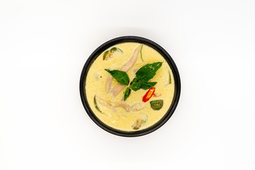 Thai food chicken green curry on white background.