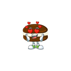 Romantic whoopie pies cartoon character with a falling in love face