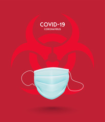 Covid-19 coronavirus poster with medical mask and pandemic symbol. Virus protection. Vector illustration