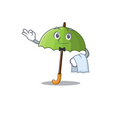 A design of green umbrella cartoon character working as waiter
