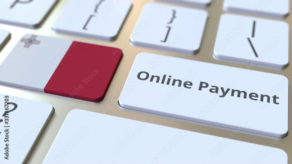 Poster online payment text and flag of malta on the keyboard. modern finance related conceptual 3d animatio